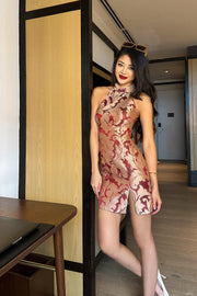 Kimberly Brocade Mini Qipao in Maroon