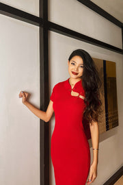Gonxe Knit Midi Qipao in Red