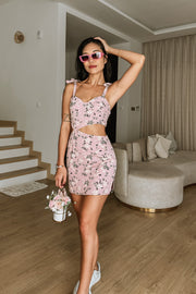 Kirone Floral Bustier Cutout Dress in Pink