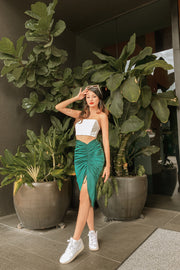 Cersei Asymmetrical Ruched Satin Skirt in Emerald Green