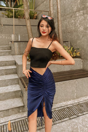 Cersei Asymmetrical Ruched Satin Skirt in Navy Blue