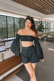 Gynalle Balloon Sleeve Shorts Co-ord Set in Black
