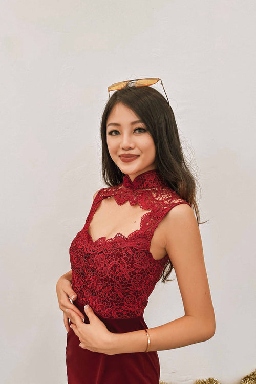 Ixquisit Floral Crochet Cheongsam in Red