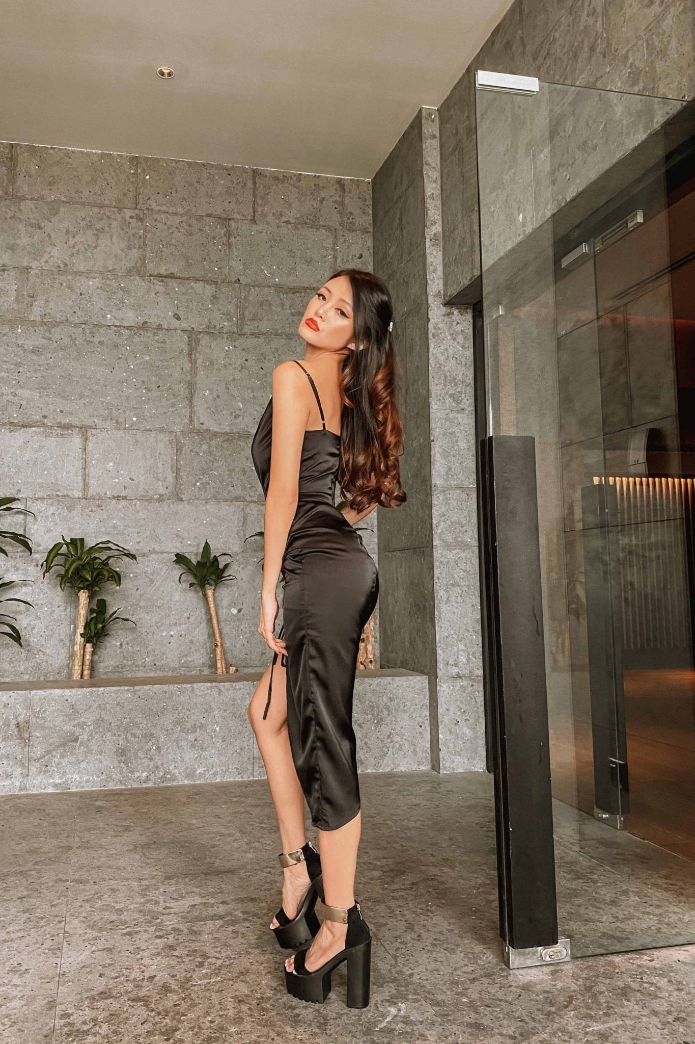 Iantes Asymmetrical Ruched Satin Dress in Black FREYJA Iantes Asymmetrical Ruched Satin Dress in Black FREYJA