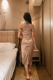 Anine Off Shoulder Satin Qipao in Gold