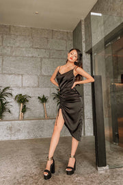 Iantes Asymmetrical Ruched Satin Dress in Black