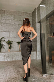 Iantes Asymmetrical Ruched Satin Dress in Black